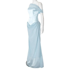 Blue Satin Corset Chiffon Off-shoulder Maxi Dress