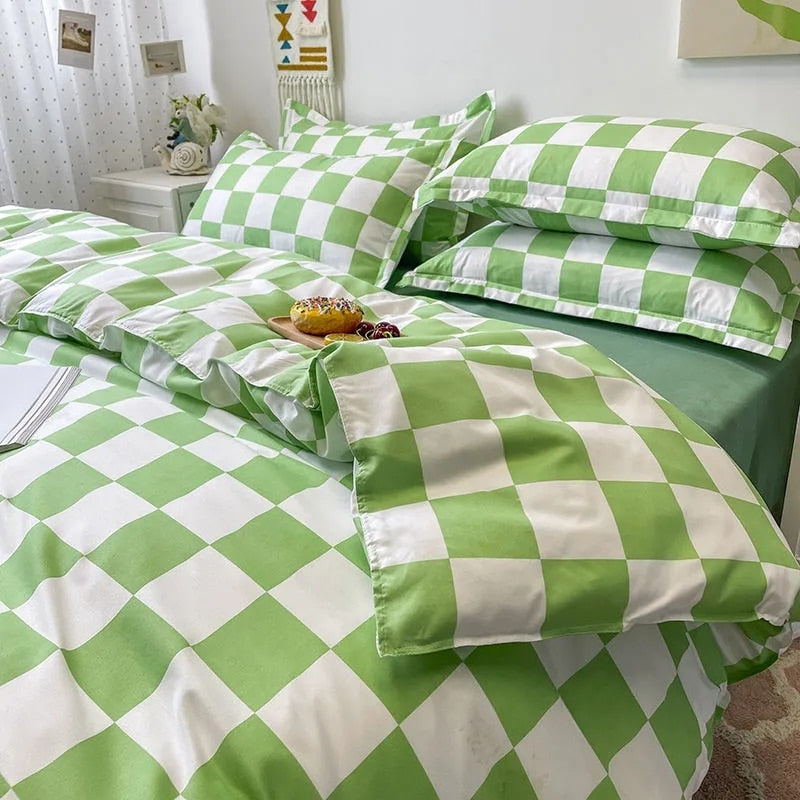 Nordic Pink Black Checkerboard Duvet Cover Sets With Pillow Case Bed Sheet Kids Girls Bedding Sets King Queen Twin Kawaii