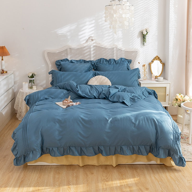 Lace Ruffles Bedding Set White and Gray Color Bedclothes for Boys/Girls Full Size Quilt Cover Sets Queen/King Bed Linen Sets