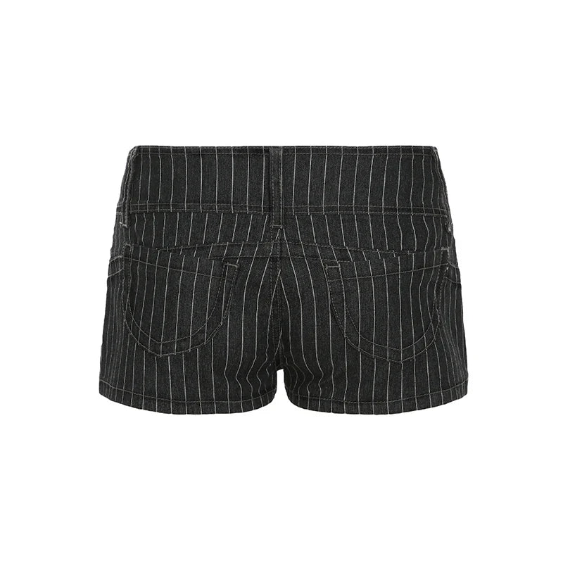 Grey Striped Denim Low-Waisted Shorts