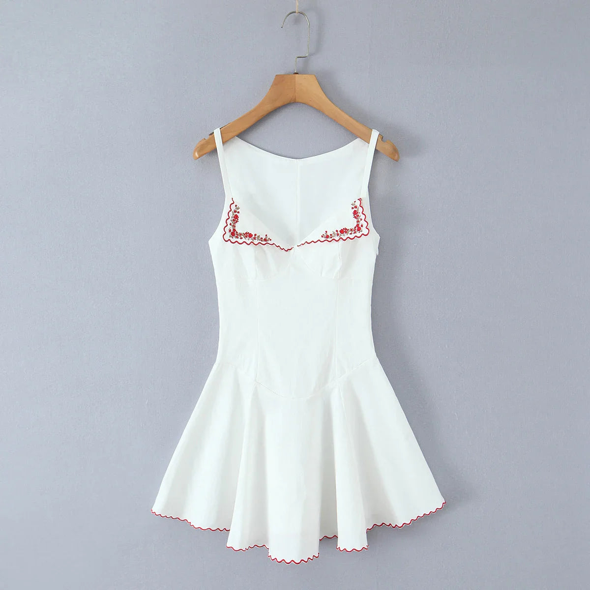 White Embroidery Red Flower Lapel V neck Mini Dress