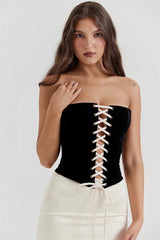 Black Lace Up Corset Top And White Satin Midi Skirt Set