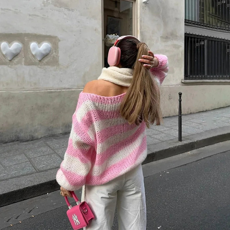 Knit Striped Off-shoulder Sweater