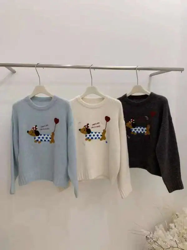 Dog Embroidery Knitted Sweater Pullover