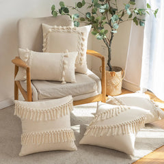 Cotton Linen Boho Cushion Cover for Sofa Couch Bench Car Home Decor Comfy Square Farmhouse Cushion Pillow Case with Tassel