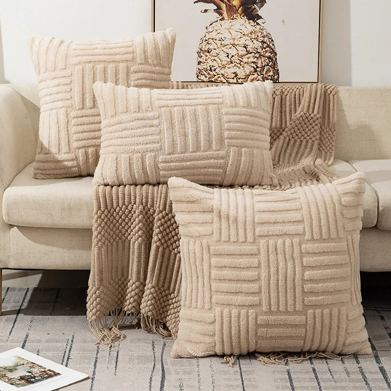 Plush Decorative Throw Pillow Covers Fuzzy Striped Soft Pillowcase Cushion Covers Cushion Case Shell for Sofa Couch Bedroom