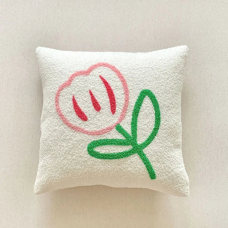 French Pink Floral Pillow Cases Fluffy Flower Embroidered Throw Pillow Cover Living Room Sofa Decorative Pillow Case 45x45cm