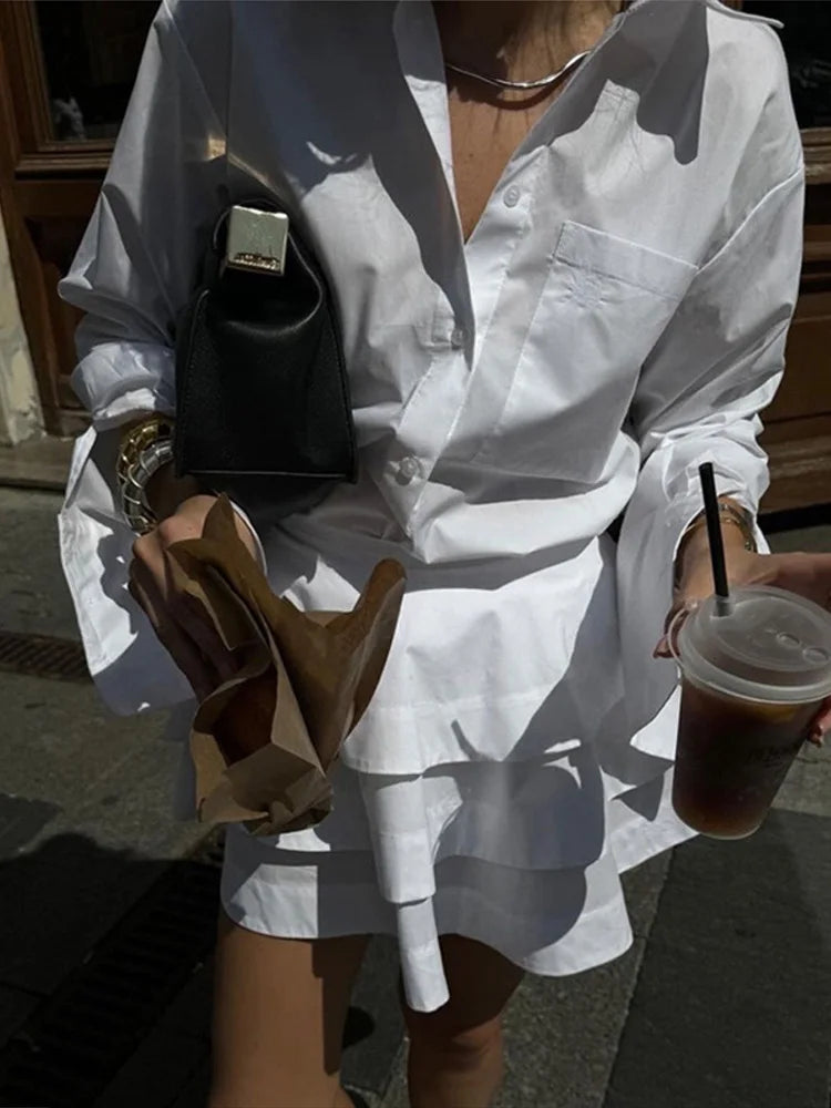 White Collar Shirt And Frill Mini Skirt Set
