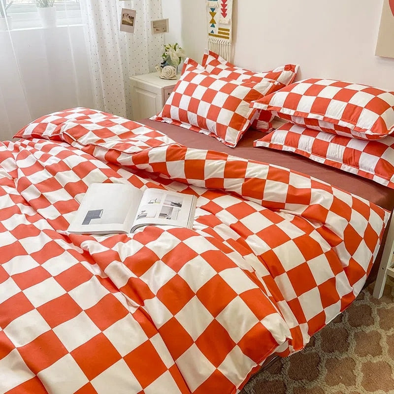 Nordic Pink Black Checkerboard Duvet Cover Sets With Pillow Case Bed Sheet Kids Girls Bedding Sets King Queen Twin Kawaii