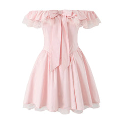 Pink Lace Ruffle Bow Off-shoulder Mini Dress