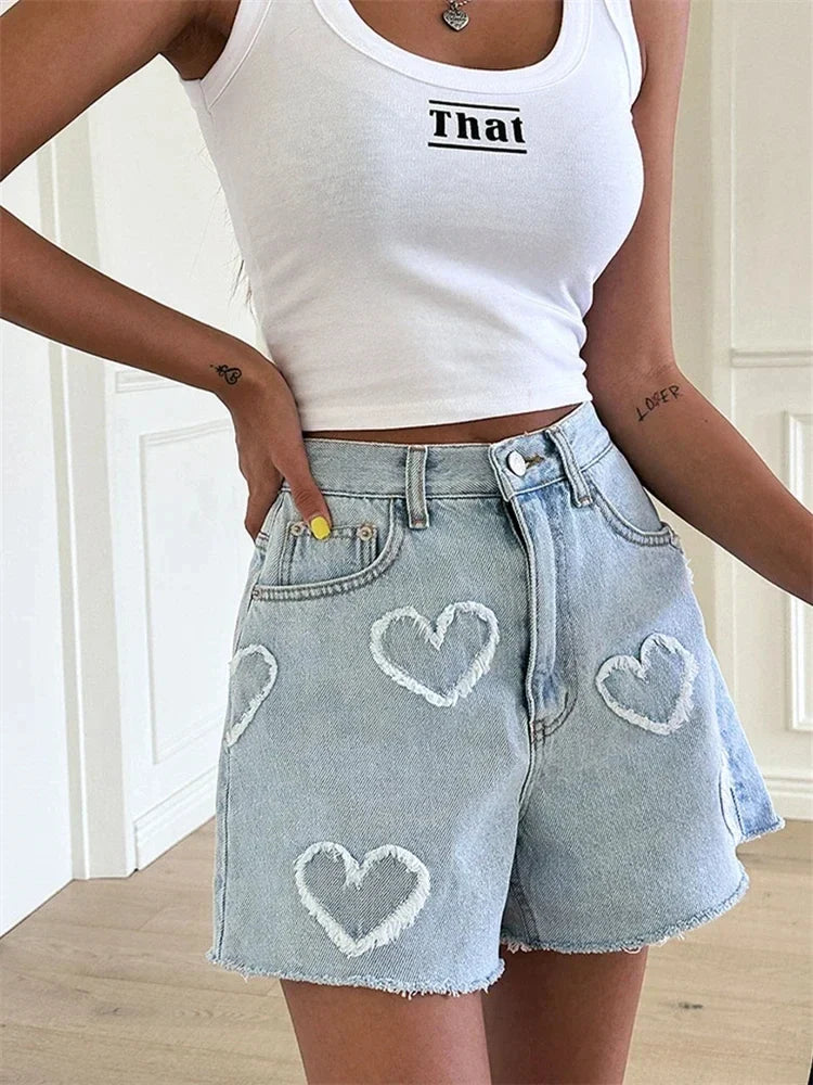 Heart Denim Crop Shorts - Casual High Waist