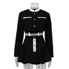 Crop Jacket And Puff Buttoned Mink Skirt Contrast Set