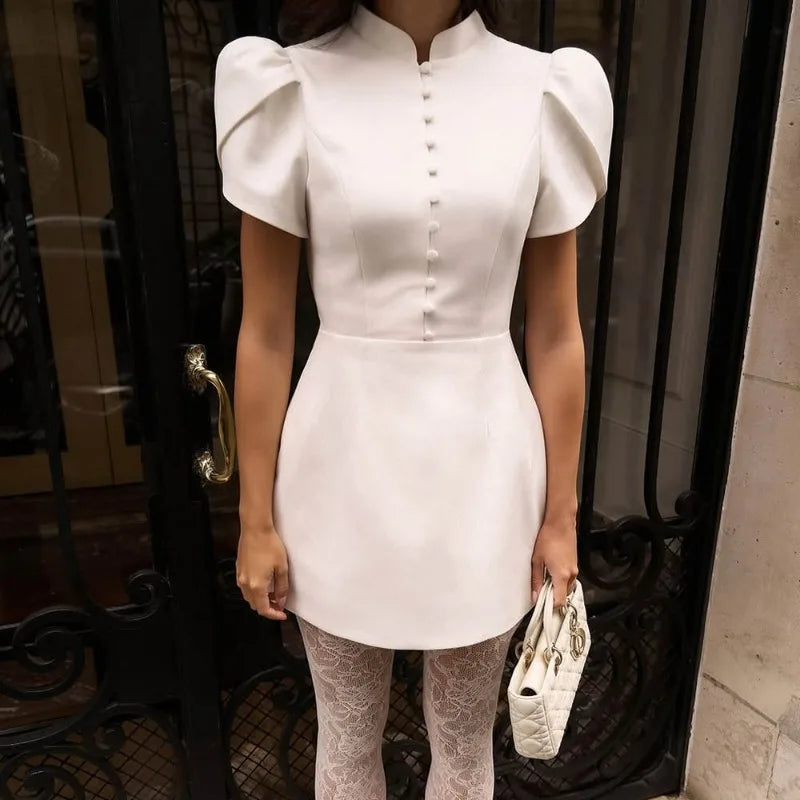Structured High Neck Buttoned Mini Dress