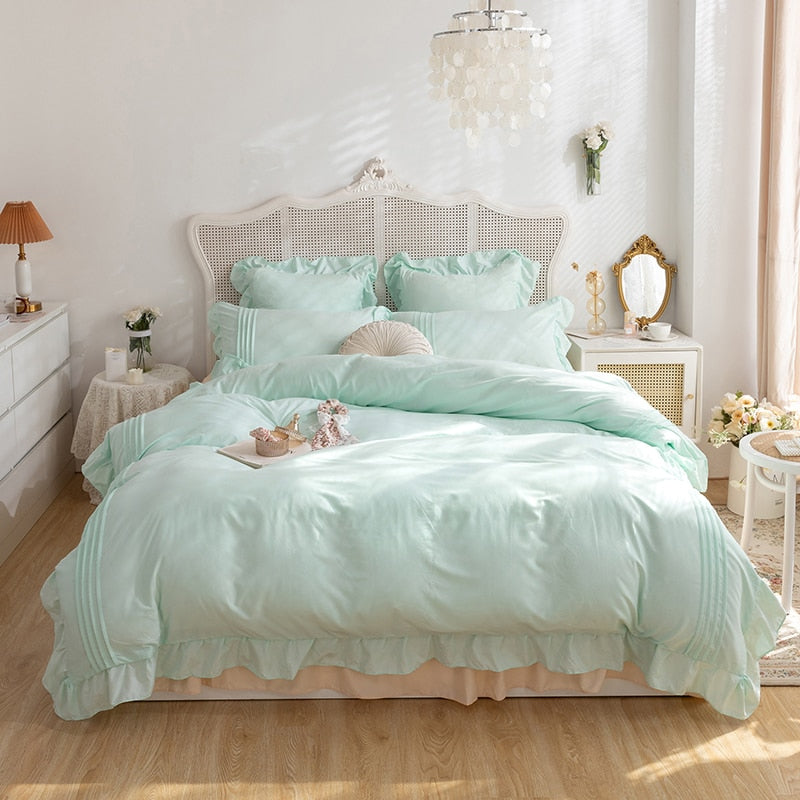 Lace Ruffles Bedding Set White and Gray Color Bedclothes for Boys/Girls Full Size Quilt Cover Sets Queen/King Bed Linen Sets