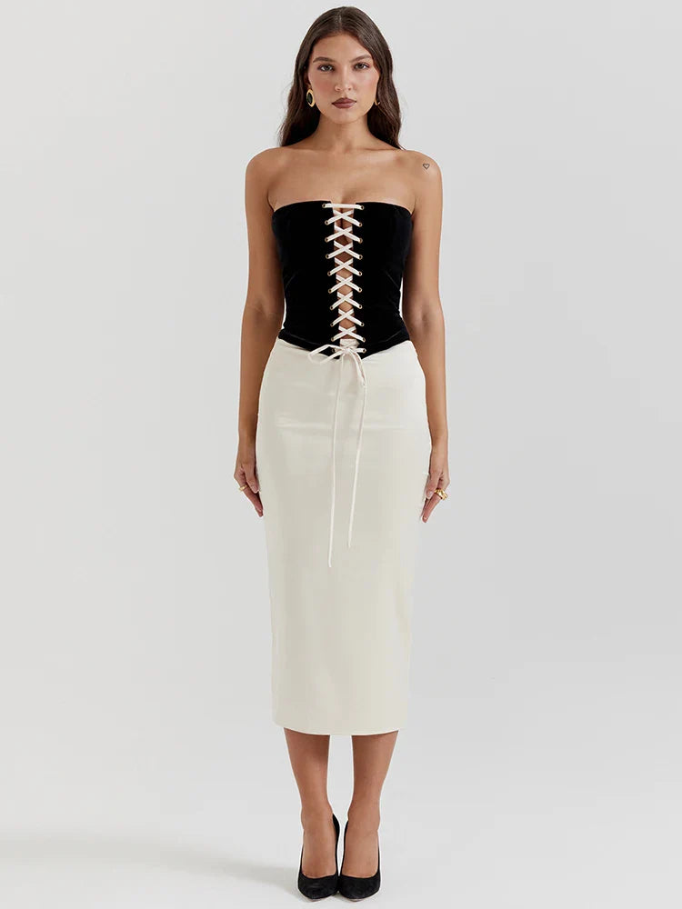Black Lace Up Corset Top And White Satin Midi Skirt Set