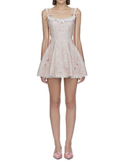 Pink Floral Tie Up Eyelet Trim Mini Dress