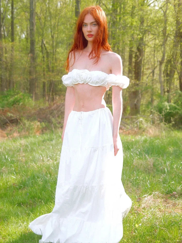 White 3d Flowers Puff Sleeves And Maxi Skirt Set