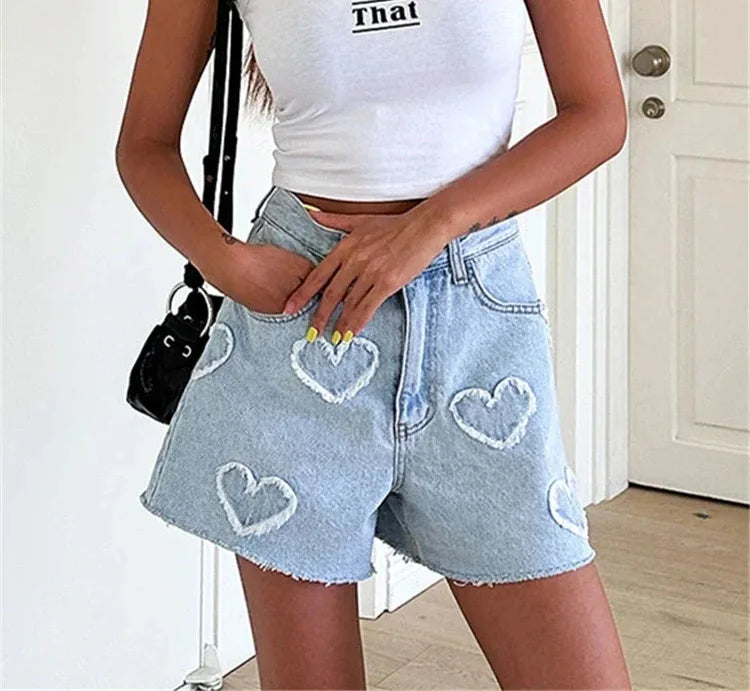Heart Denim Crop Shorts - Casual High Waist
