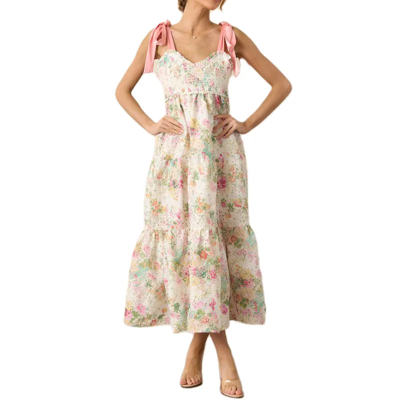Wide Shoulder Straps Floral Print Long Dress