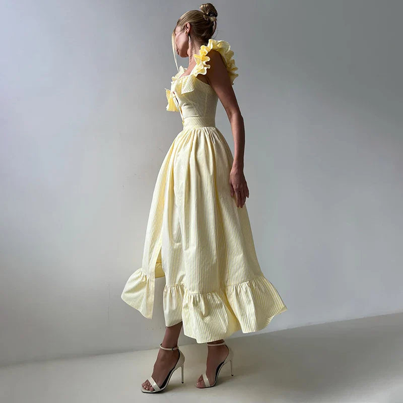 Striped Flounce Halter A-Line Dress