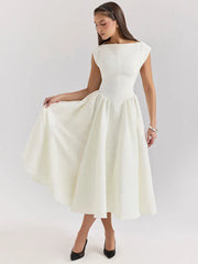 Solid Short Sleeve Flare High Neck Midi Dress