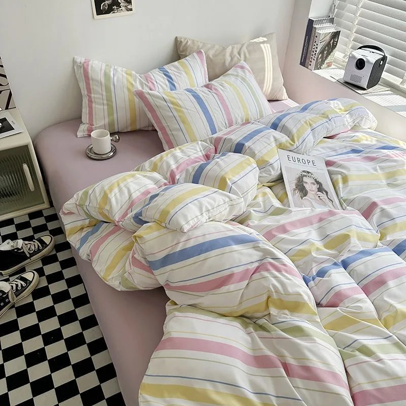 Japanese Lattice Duvet Cover Set with Sheet Pillowcases No Filling Warm Solid Color Bed Linen Full Queen Size Home Bedding Set