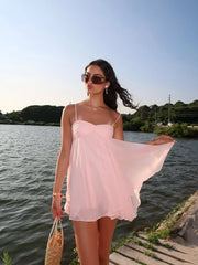 Pink Chiffon Ruffles Sling Mini Dress