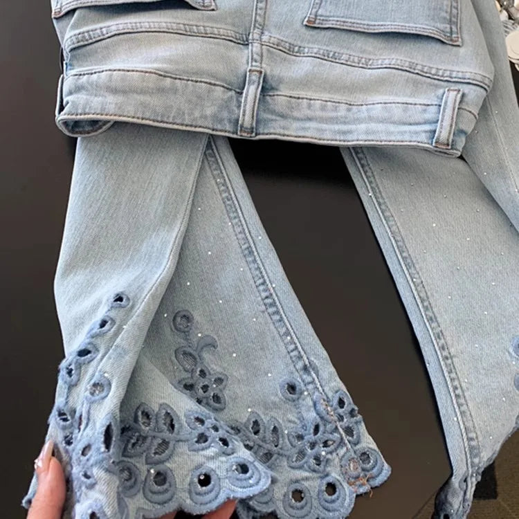 Eyelet Embroidered Wide Leg Denim Pants