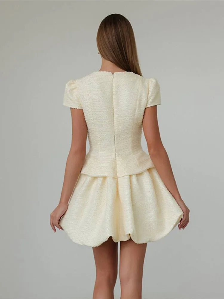 Tweed Puffy Sleeve Shirt And Bubble Skirt Set