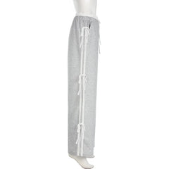 Grey Stripe Ribbon Drawstring Sweatpants
