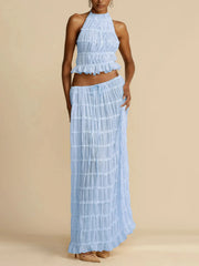 Halterneck Ruched Open Back Tie Up Top And Maxi Skirt Set