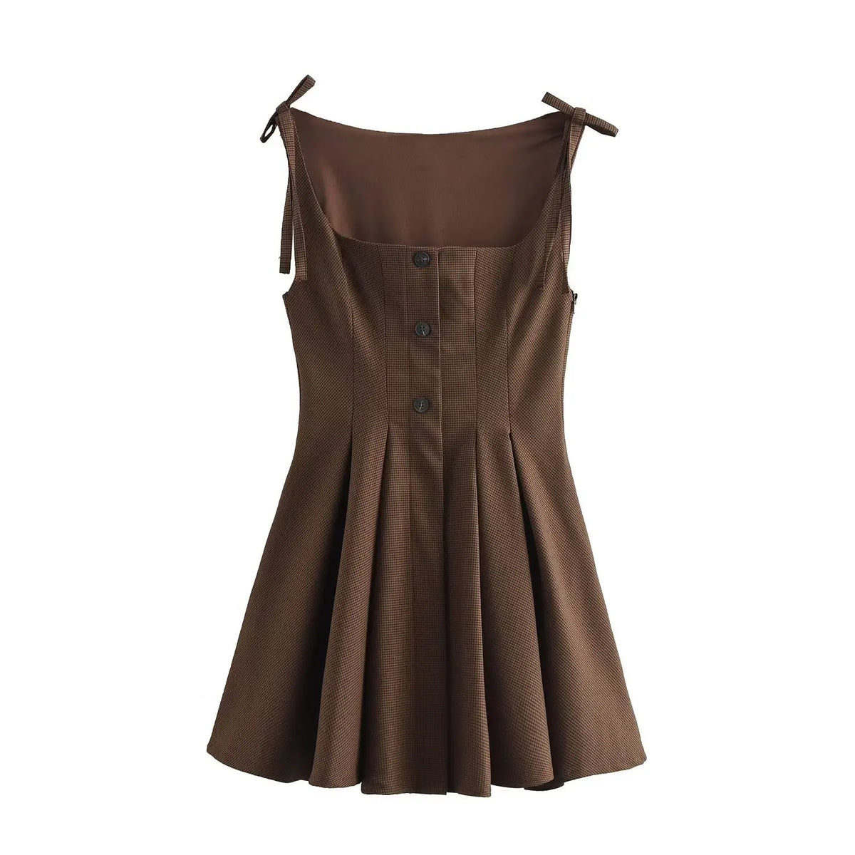 Brown Gingham Tie Up Square Neck Pleated Mini Dress