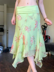 Green Printed Fringe Midi Skirt