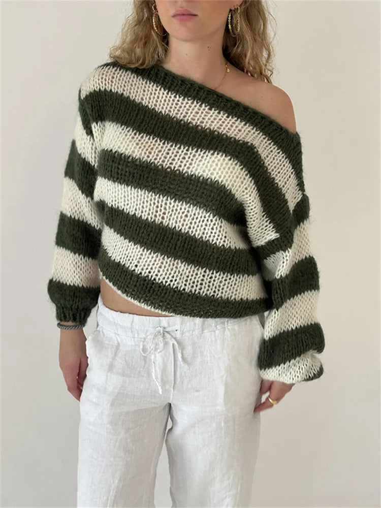 Knit Striped Off-shoulder Sweater