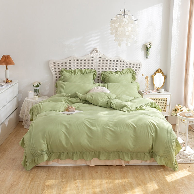 Lace Ruffles Bedding Set White and Gray Color Bedclothes for Boys/Girls Full Size Quilt Cover Sets Queen/King Bed Linen Sets