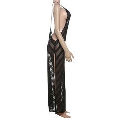 Striped Sheer Maxi Dress â€?Black Open Back Style