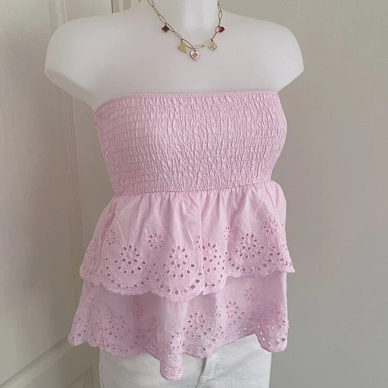 ink Eyelet Ruched Tube Top - Sweet & Strapless