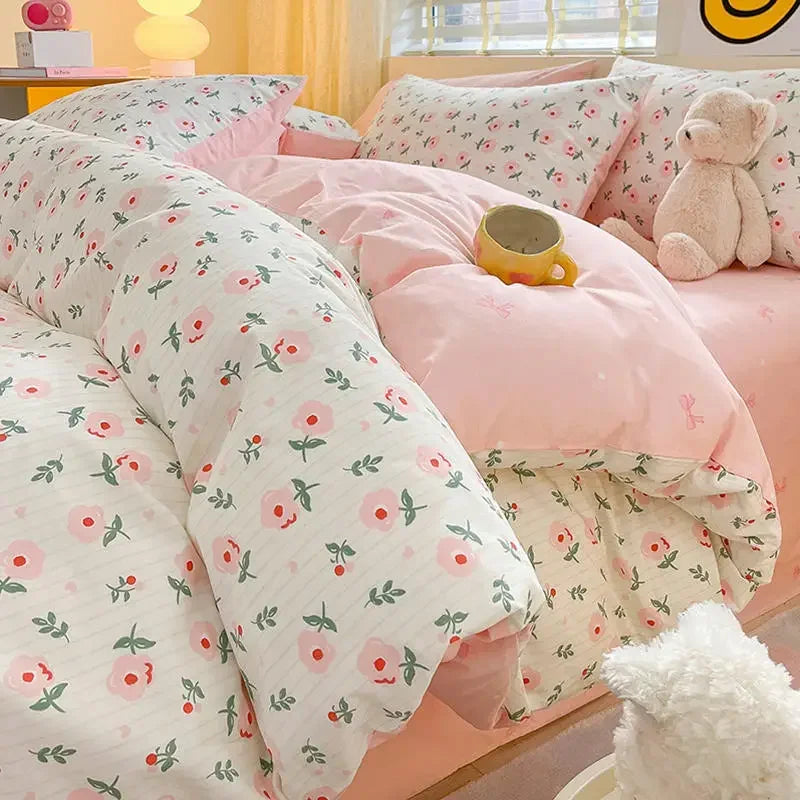 Kawaii Princess Pure Cotton Bedding Set Full Size Lovely Ruffles Single Doubel Duvet Cover Set Girls Woman Cozy Bedding Sets