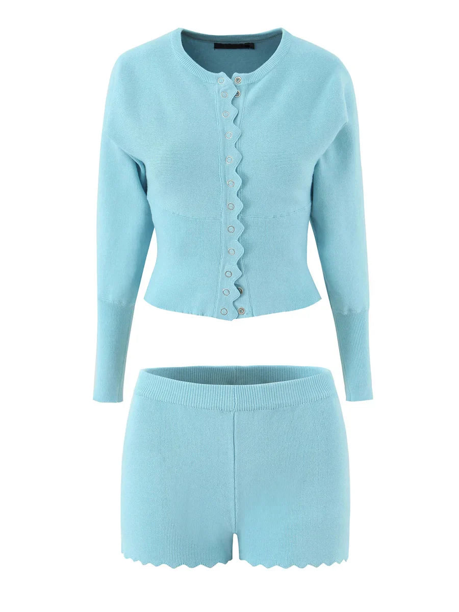 Two Piece O Neck Lantern Sleeve Cardigan And Shorts Set