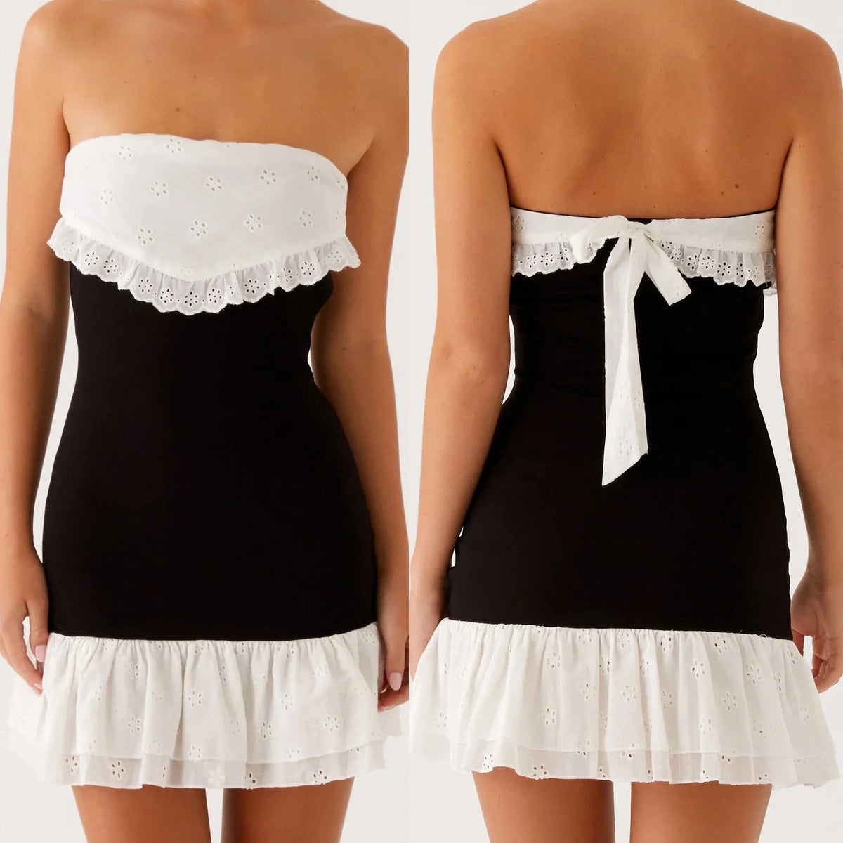 Black Strapless Patchwork Ruffle Hem Mini Dress - A-Line Fit