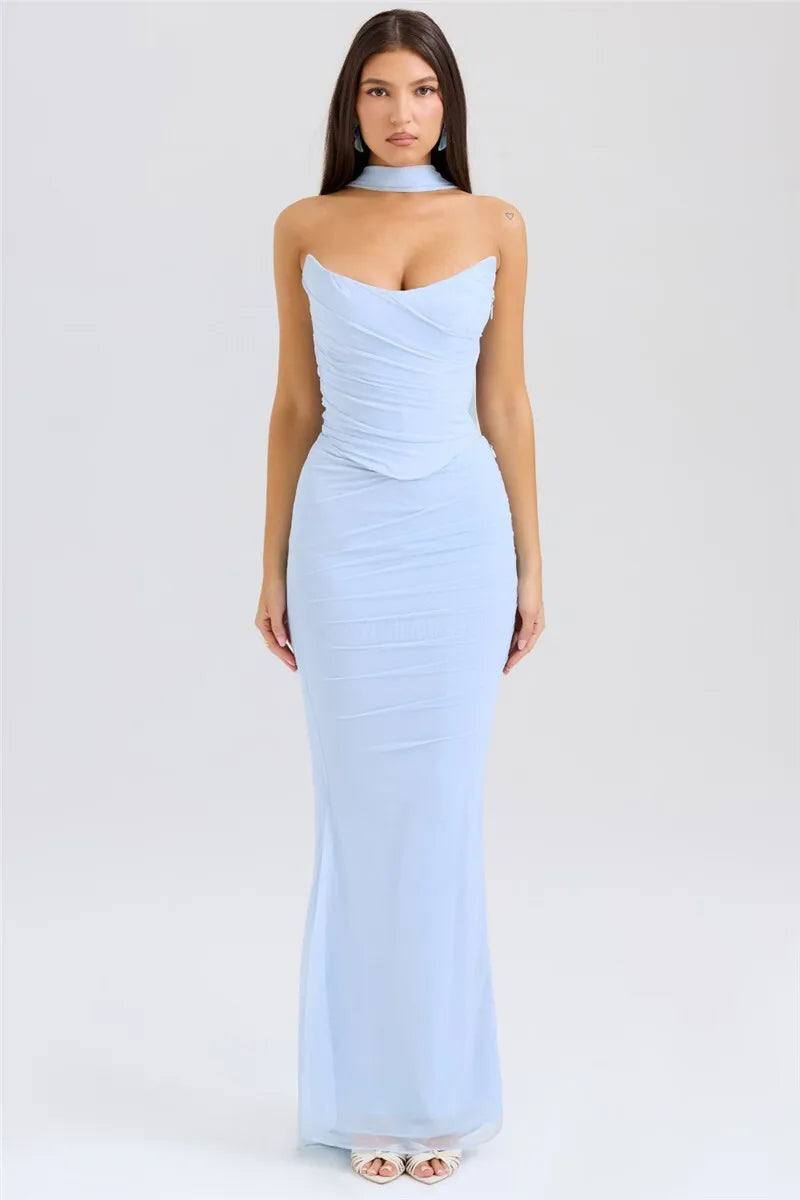 Solid Ruched Corset Top And Body-con Maxi Dress With Scarf Set