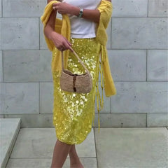 Radiant Sequin Side Split Midi Skirt - Shimmering High-Slit Design