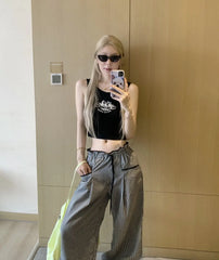 Black Plaid Drawstring Wide Leg Palazzo Pants