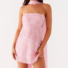 Sequin Strapless Mini Dress with Scarf