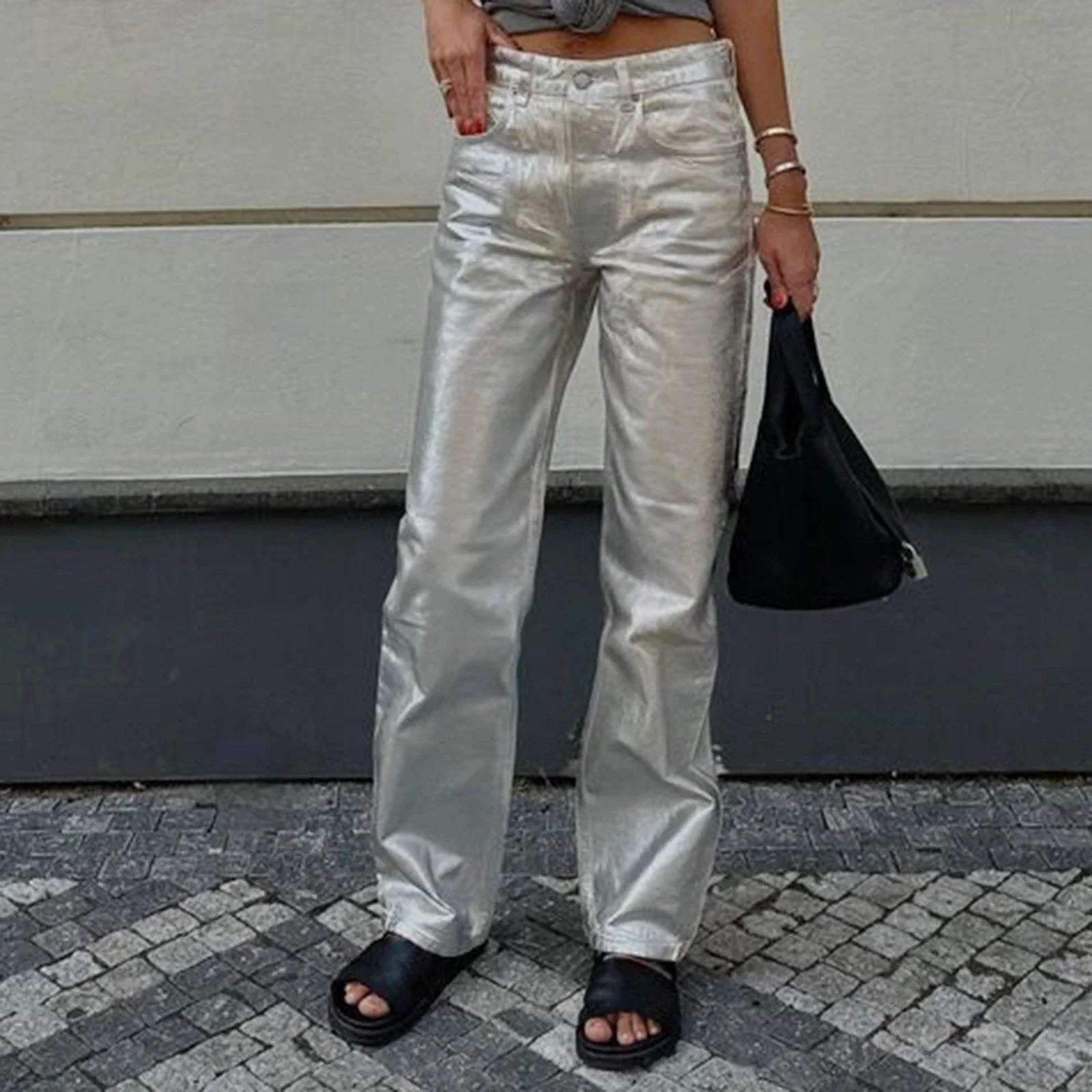 Metallic High Waist Denim Straight Leg Pants