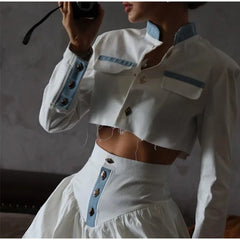 Crop Jacket And Puff Buttoned Mink Skirt Contrast Set