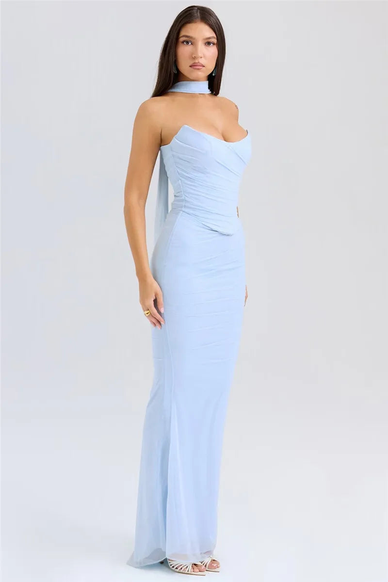 Solid Ruched Corset Top And Body-con Maxi Dress With Scarf Set