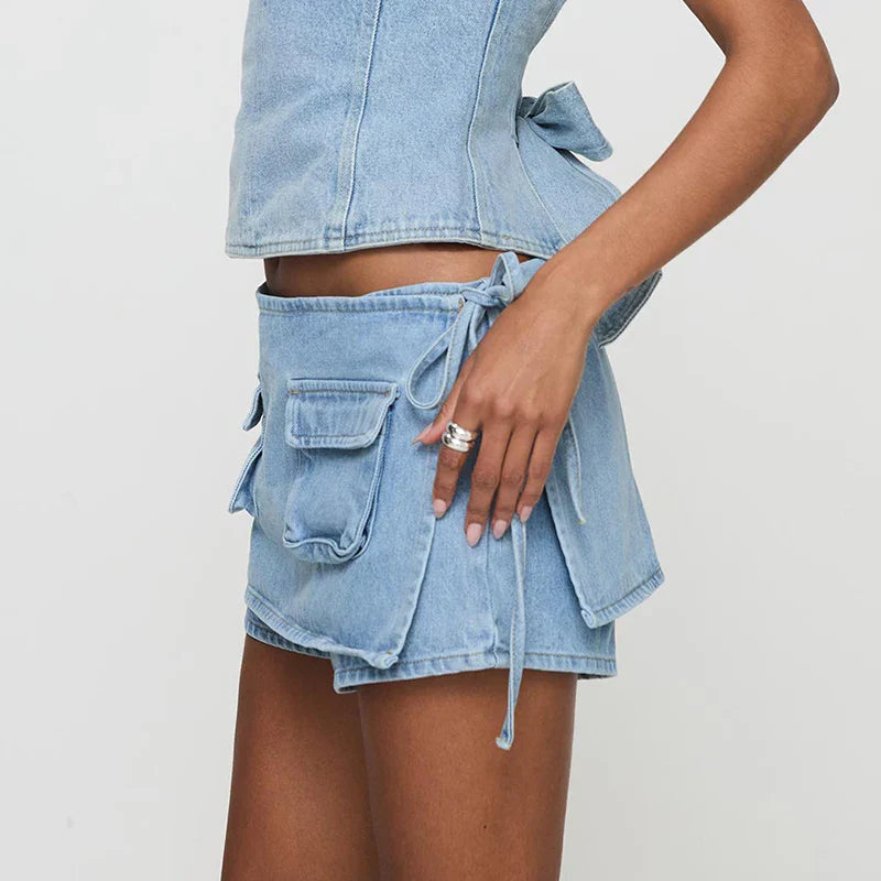 Wrap Pockets Low Waist Denim Mini Skirt