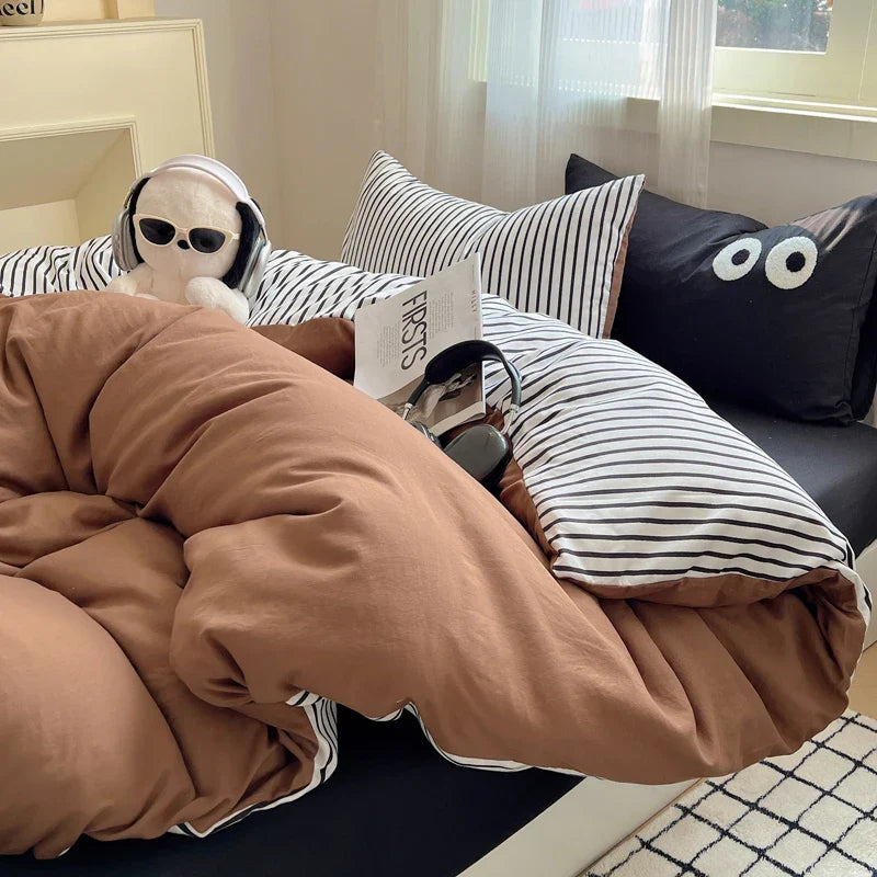 Korean Bed Linen Bedding Sets Stripes Duvet Cover Set Quilt Cover Bed Sheet Quilt Sets Queen Size INS Blogger Comforter Sets