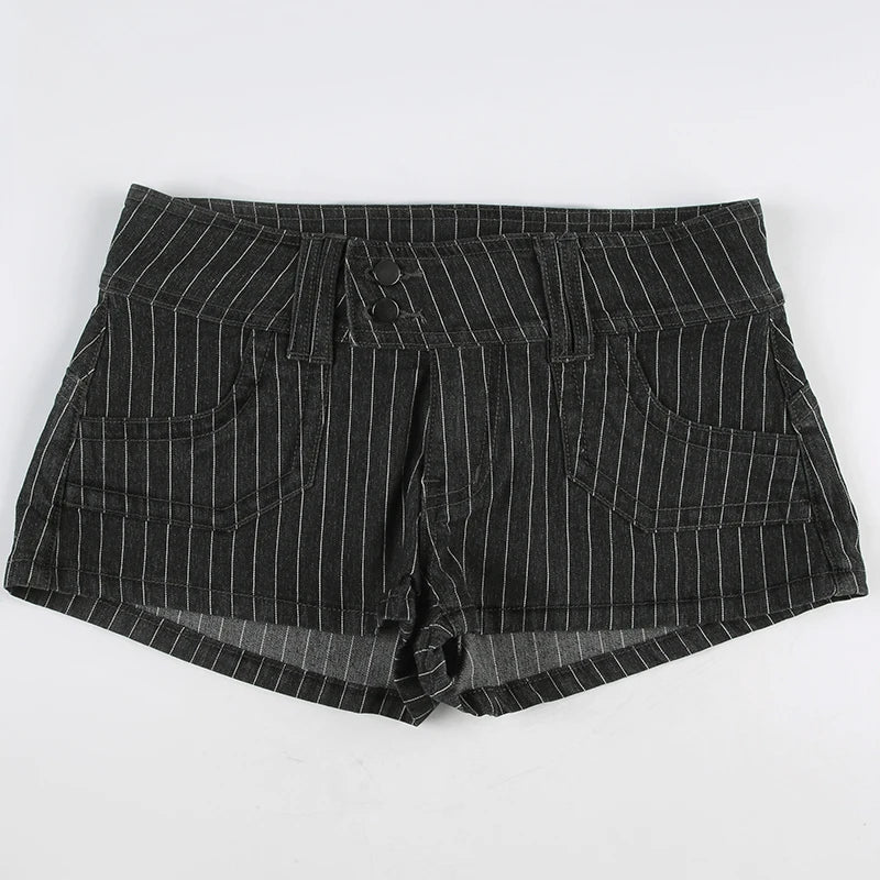 Grey Striped Denim Low-Waisted Shorts